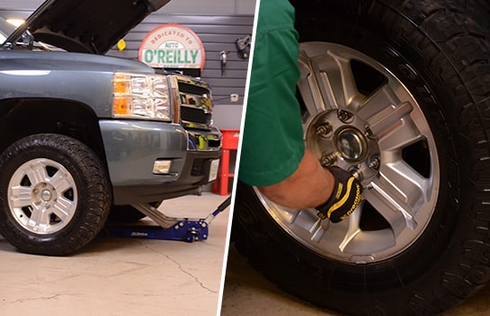 Two images – one of the Chevy Silverado being lowered and the other of the lug nuts being secured with a breaker bar
